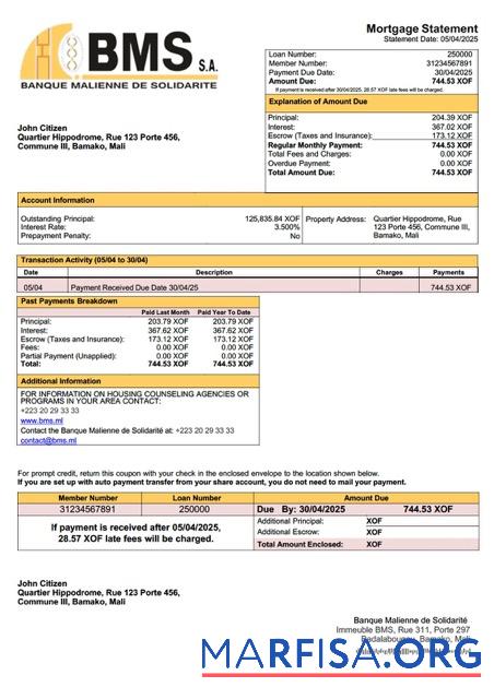 Downloadable Mali Banque Malienne de Solidarité (BMS) mortgage statement Word and PDF template